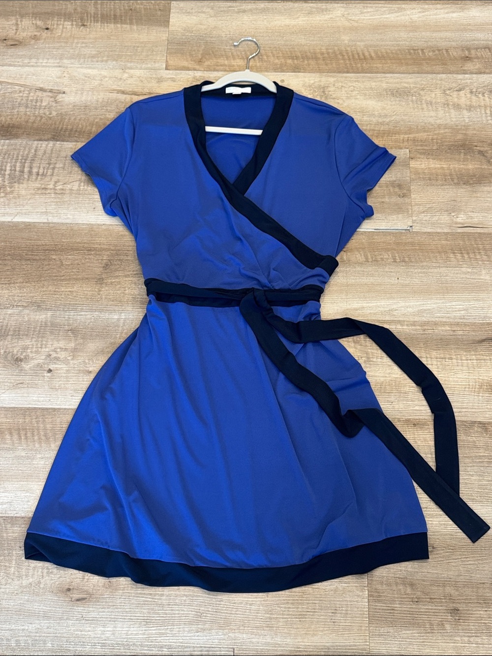 New York & Company Cobalt Blue Faux Wrap Dress with Navy Trim